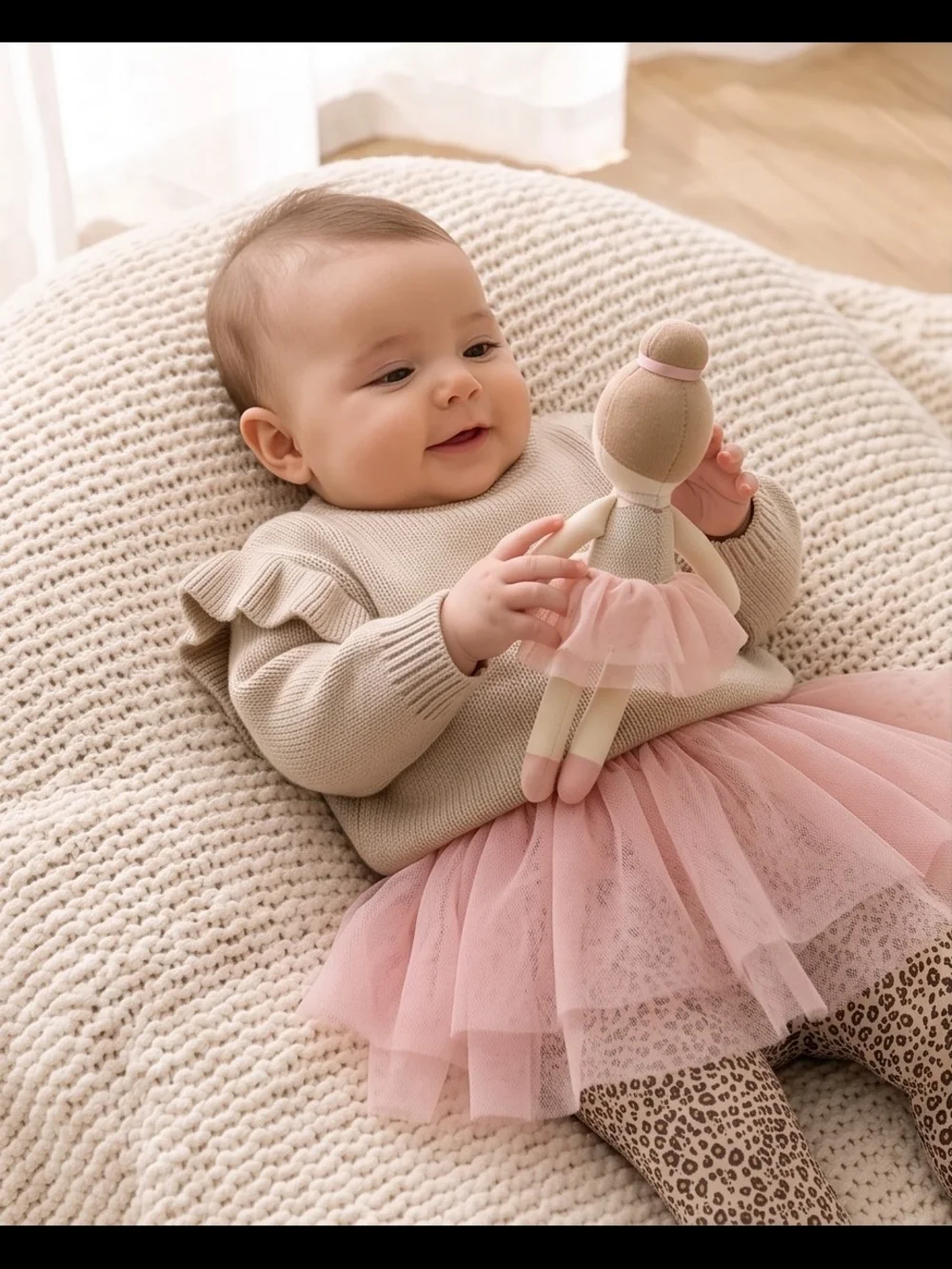 2 pcs Kids Matching Set - Beige Knit Sweater with Pink Tulle Skirt Leggings